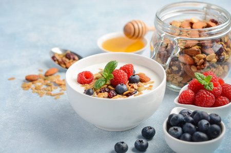 Homemade granola with yogurt and fresh berries, healthy breakfast concept, selective focus.の写真素材