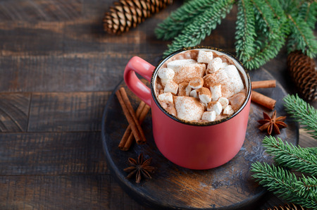 Hot chocolate with marshmallows on rustic wooden background. Christmas concept decorated with Fir branches and Cones.の写真素材