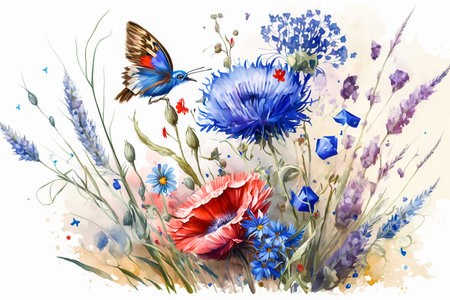 Abstract floral composition with flowers, plants, grasses. Watercolor style illustration on a white background. Generative AI.の素材