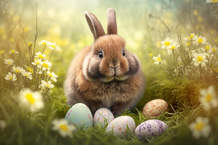 Easter bunny and Easter eggs on green grass field. Generative AI.の素材