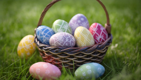 Colorful Easter eggs in a grass, Easter concept. Generative AI.の素材