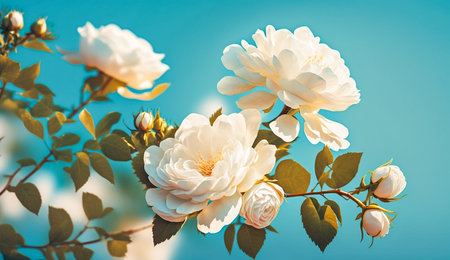 Blooming rose bush on a blue background. Generative AI.の素材