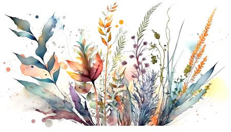 Abstract floral composition with flowers, plants, grasses. Watercolor style illustration on a white background. Generative AI.の素材