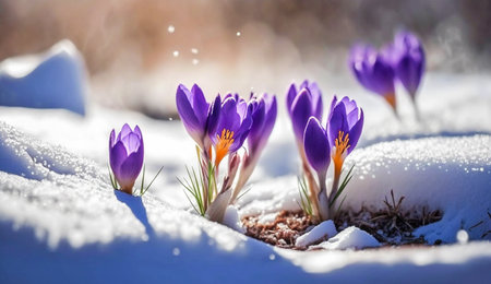 Crocus blooming flowers making their way from under the snow in early spring. Generative AI.の素材