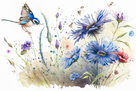 Abstract floral composition with flowers, plants, grasses. Watercolor style illustration on a white background. Generative AI.の素材