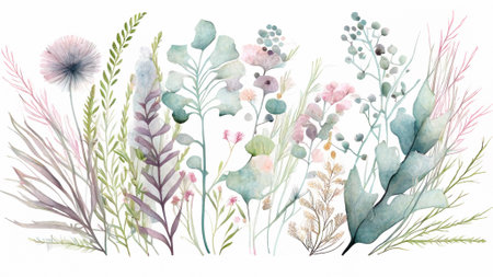 Abstract floral composition with flowers, plants, grasses. Watercolor style illustration on a white background. Generative AI.の素材