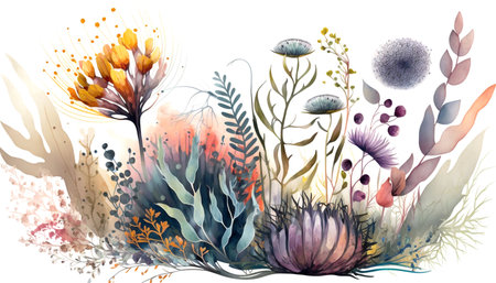 Abstract floral composition with flowers, plants, grasses. Watercolor style illustration on a white background. Generative AI.の素材