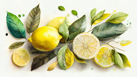 Watercolor paint style lemon illustration with whole lemons, lemon leaves and slices. Generative AI.の素材