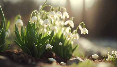 Beautiful spring flowers Snowdrops or Galanthus in the shining sunlight. Generative AI.の素材