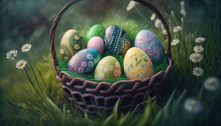 Colorful Easter eggs in a grass, Easter concept. Generative AI.の素材