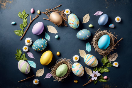 Colorful Easter eggs on a dark background. Easter concept. Generative AI.の素材