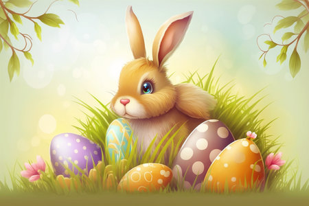 Easter bunny and Easter eggs on green grass field. Generative AI.の素材