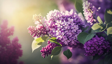 Blooming Lilac flower branches in the shining sunlight. Generative AI.の素材
