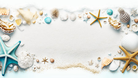 Summer background with different sea shells on beach sand. Generative AI.の素材