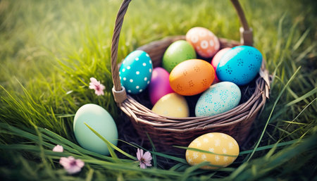 Colorful Easter eggs in a grass, Easter concept. Generative AI.の素材