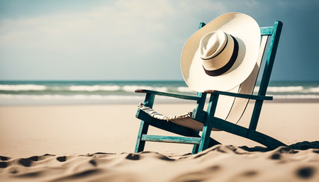 Straw hat on Deck chair at the tropical sandy beach. Generative AI.の素材