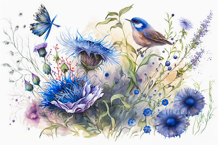 Abstract floral composition with flowers, plants, grasses. Watercolor style illustration on a white background. Generative AI.の素材