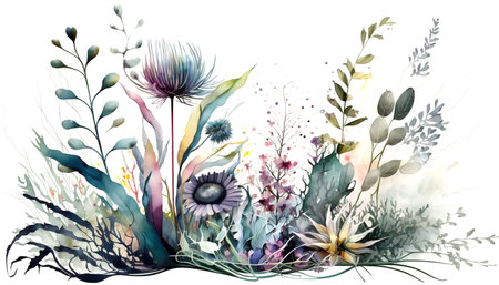 Abstract floral composition with flowers, plants, grasses. Watercolor style illustration on a white background. Generative AI.の素材