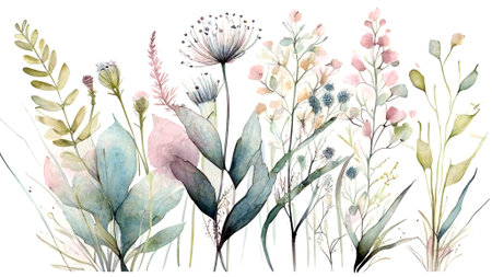 Abstract floral composition with flowers, plants, grasses. Watercolor style illustration on a white background. Generative AI.の素材