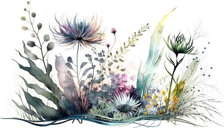 Abstract floral composition with flowers, plants, grasses. Watercolor style illustration on a white background. Generative AI.の素材