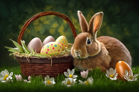 Easter bunny and Easter eggs on green grass field. Generative AI.の素材