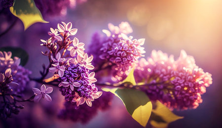 Blooming Lilac flower branches in the shining sunlight. Generative AI.の素材
