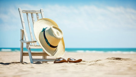 Straw hat on Deck chair at the tropical sandy beach. Generative AI.の素材