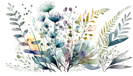 Abstract floral composition with flowers, plants, grasses. Watercolor style illustration on a white background. Generative AI.の素材