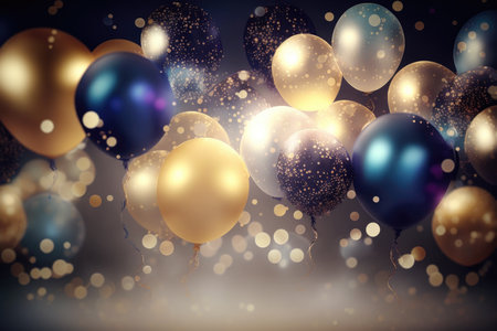 Golden and blue balloons with Confetti. Holiday, Sale and Party Decoration. Generative AI.の素材