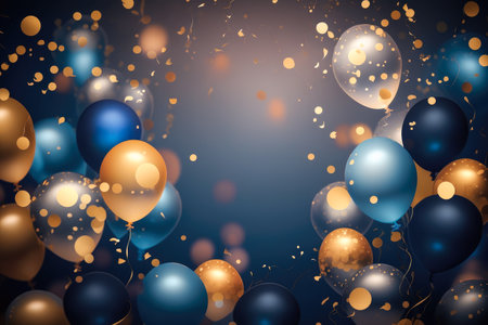 Golden and blue balloons with Confetti. Holiday, Sale and Party Decoration. Generative AI.の素材