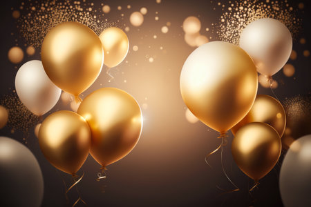 Golden balloons with Confetti. Holiday, Sale and Party Decoration. Generative AI.の素材