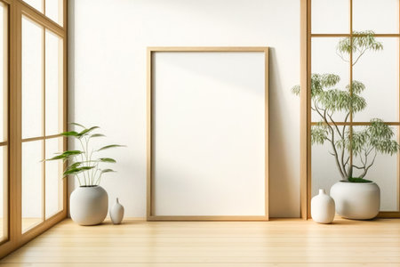 Rectangular vertical frame mockup in Japanese room style interior. Generative AI.の素材