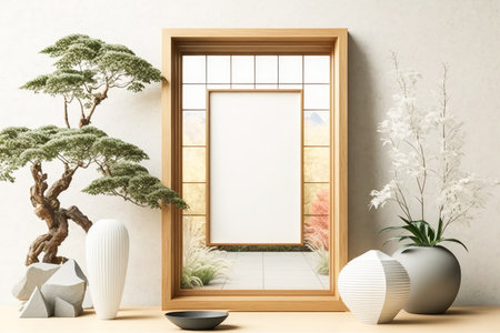 Rectangular vertical frame mockup in Japanese room style interior. Generative AI.の素材