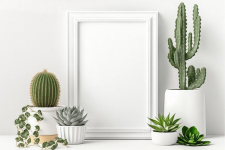 White empty frame mockup with green plants on empty white neutral wall background. Generative AI.の素材
