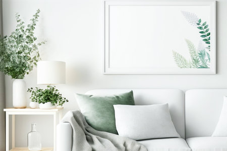 White empty frame mockup on empty white wall in Boho style living room interior with green plants. Generative AI.の素材