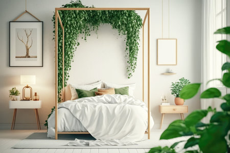 White empty frame mockup on empty white wall in Boho style bedroom interior with green plants.の素材