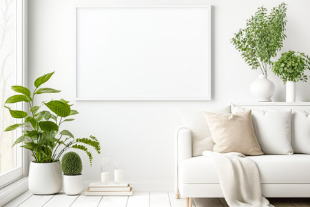 White empty frame mockup on empty white wall in Boho style living room interior with green plants. Generative AI.の素材