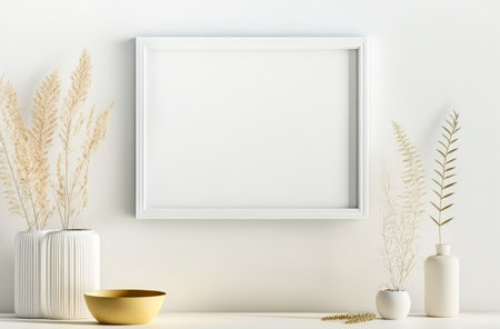 White empty frame mockup with green plants on empty white neutral wall background. Generative AI.の素材