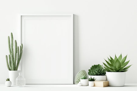 White empty frame mockup with green plants on empty white neutral wall background. Generative AI.の素材