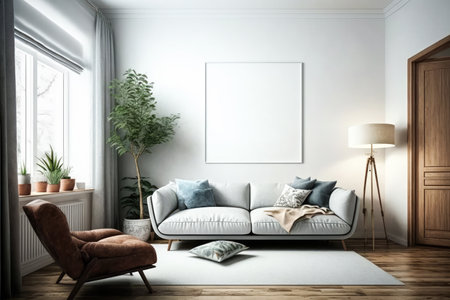 White empty frame mockup on empty white wall living room. Generative AI.の素材