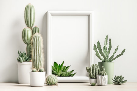 White empty frame mockup with green plants on empty white neutral wall background. Generative AI.の素材