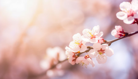 Spring background with beautiful blossoming Sakura branch. Generative AI.の素材