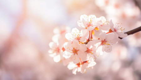 Spring background with beautiful blossoming Sakura branch. Generative AI.の素材