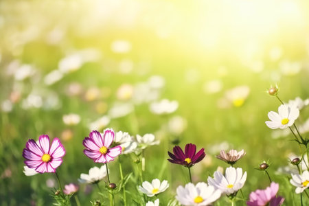 Beautiful blooming cosmos flowers in green meadow on sunny day. Generative AI.の素材