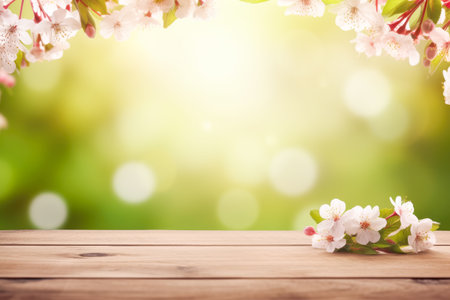 Spring foreground, Wooden table product display, flowering cherry branches and sunlight, Soft Lights, Bokeh Effect in Background. Generative AI.の素材