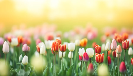 Colorful blooming tulip flowers in green meadow on sunny day, bokeh effect. Generative AI.の素材