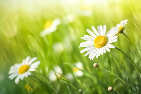 Chamomile field at sunny day summer, blurred background. Generative AI.の素材