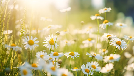 Chamomile field at sunny day summer, blurred background. Generative AI.の素材