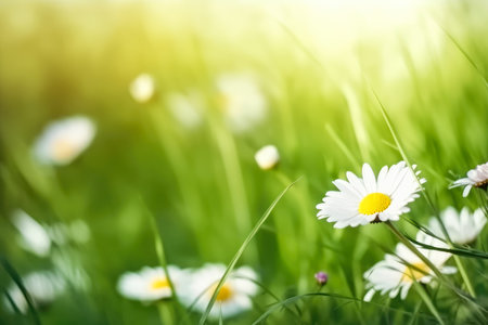 Chamomile field at sunny day summer, blurred background. Generative AI.の素材