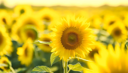 Sunflower field at sunny day, soft lights, blurred background. Generative AI.の素材
